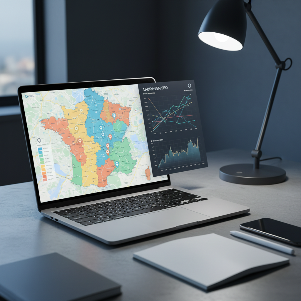 Un gros plan photographique d’un ordinateur portable ouvert montrant une carte de France détaillée avec zones colorées de visibilité locale et marqueurs de position, à côté d’un graphique SEO basé sur l’IA. Le laptop est posé sur un plan de travail en béton poli, entouré d’objets de bureau épurés : un carnet vierge, un stylet numérique, un smartphone. La lumière vient d’une lampe de bureau LED au ton légèrement froid, créant des ombres nettes et un aspect high-tech. L’ambiance est analytique et stratégique. Prise de vue en légère plongée, profondeur de champ modérée pour garder l’écran parfaitement net, esthétique réaliste, contemporaine, axée marketing digital géolocalisé.
