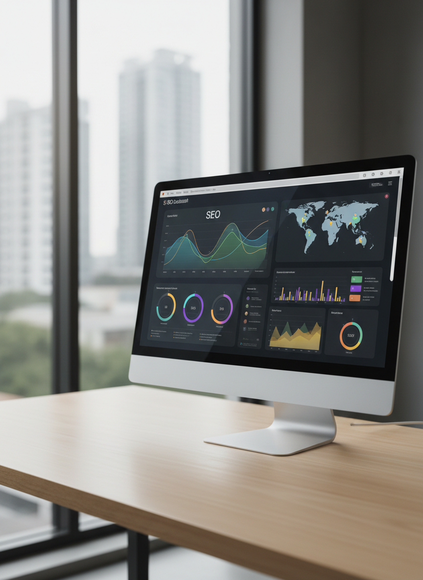 Une vue photographique réaliste d’un grand écran d’ordinateur ultra-net affichant un tableau de bord SEO coloré, avec courbes de trafic organique, carte du monde géolocalisée et graphiques de performance IA. L’écran repose sur un bureau en bois clair minimaliste, près d’une large fenêtre donnant sur une ville moderne floue. Une lumière naturelle douce de fin de matinée éclaire la scène, créant des reflets délicats sur l’écran et lisse sur le bureau. L’atmosphère est professionnelle et concentrée. Prise de vue à hauteur d’œil, composition en règle des tiers avec arrière-plan légèrement flou pour mettre l’interface SEO en évidence, style photographique propre, moderne et orienté business digital.