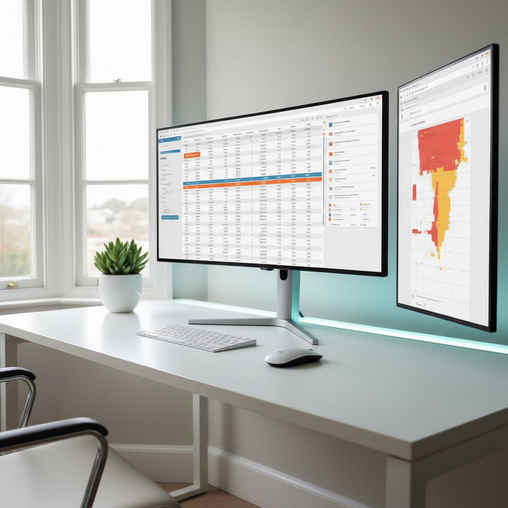 Une scène de bureau minimaliste montrant un écran ultra-large affichant un audit SEO détaillé avec colonnes colorées, indicateurs de performance et suggestions générées par IA, sans texte lisible. À côté, un second écran vertical présente une carte thermique de clics sur un site web. Le bureau blanc brillant est parfaitement rangé, avec un clavier fin, une souris ergonomique et un petit pot contenant des plantes vertes. Lumière naturelle diffuse provenant d’une grande baie vitrée, combinée à un éclairage LED discret sous l’écran, créant un contraste subtil. Composition centrée, vue légèrement oblique, ambiance sérieuse, pédagogique, style photographique net et professionnel.